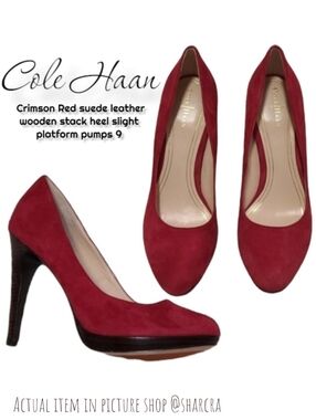 Cole Haan Women Suede leather Shoes wooden stacked platform heels Red stiletto 9